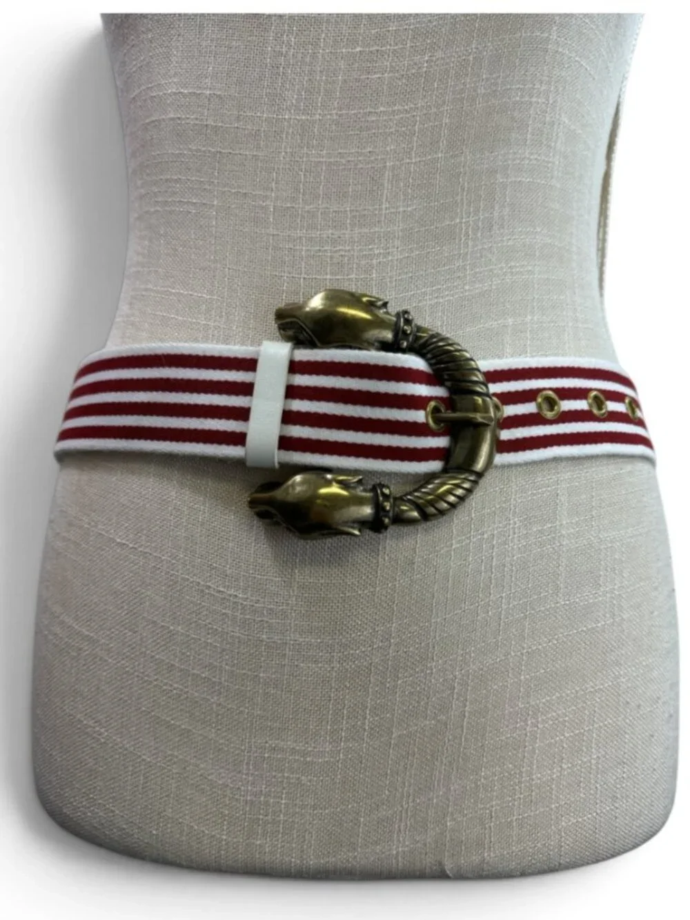 Brass Jaguar Head Buckle Red White Stripe Statement Belt Womens